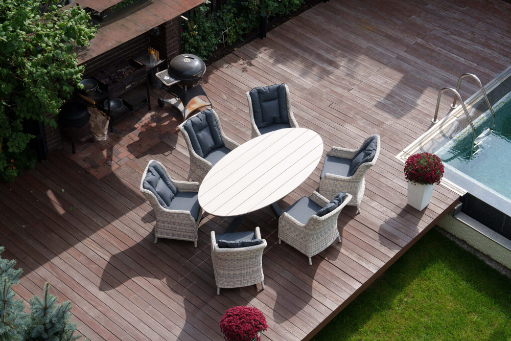 Комплекты садовой мебели из искусственного ротанга : обеденный стол ЛУГАНО ( 2.2Х 1.14 м) + 6 кресел БЕРГАМО(цвет серый)