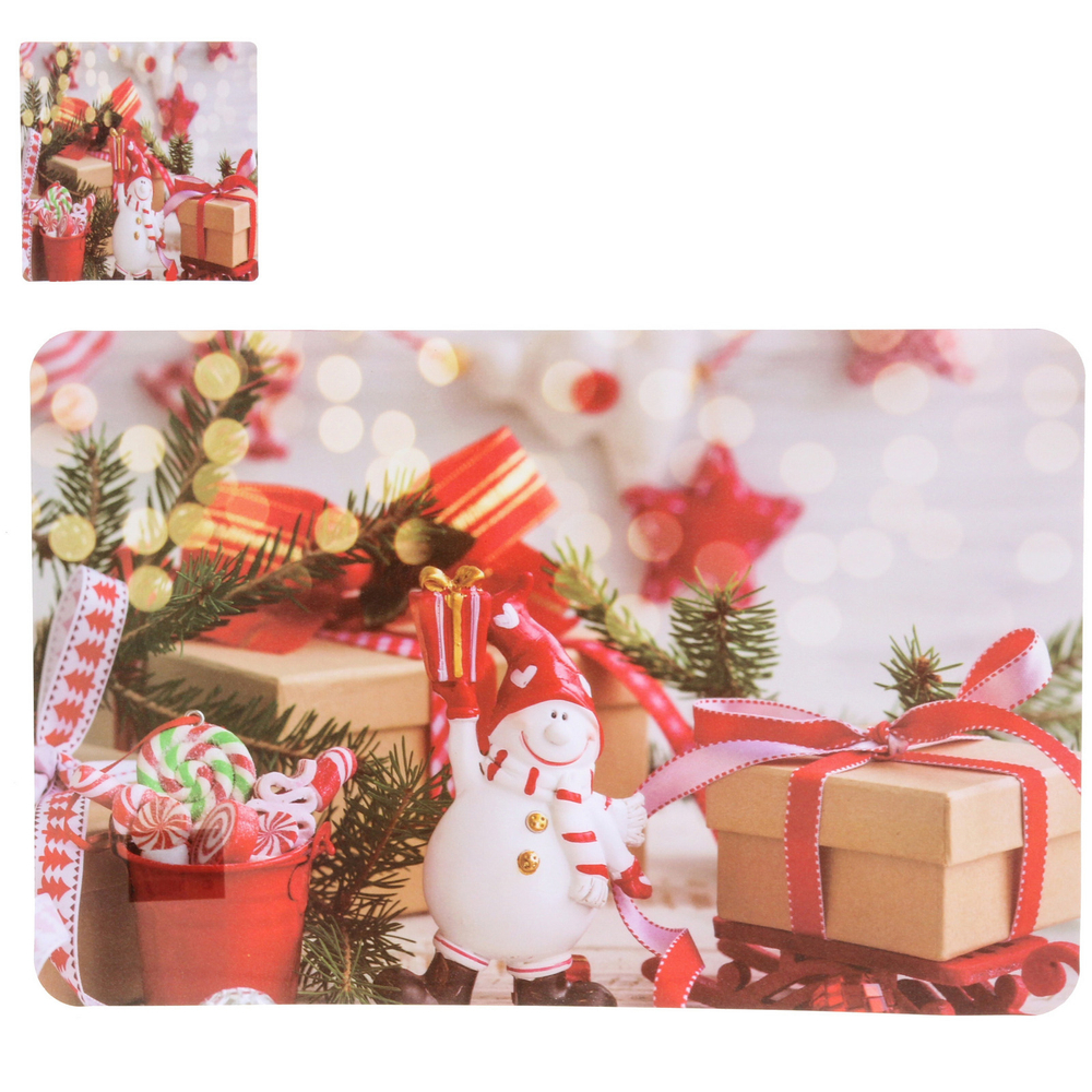 Салфетка на стол 41*26см в наборе 6+6шт «Снеговик в подарках»