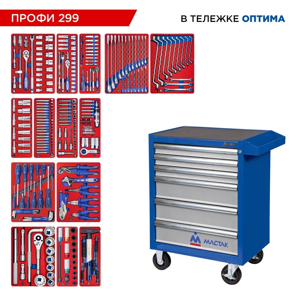 МАСТАК (52-06299B) Набор инструментов 299 предметов, "ПРОФИ 299", в синей тележке