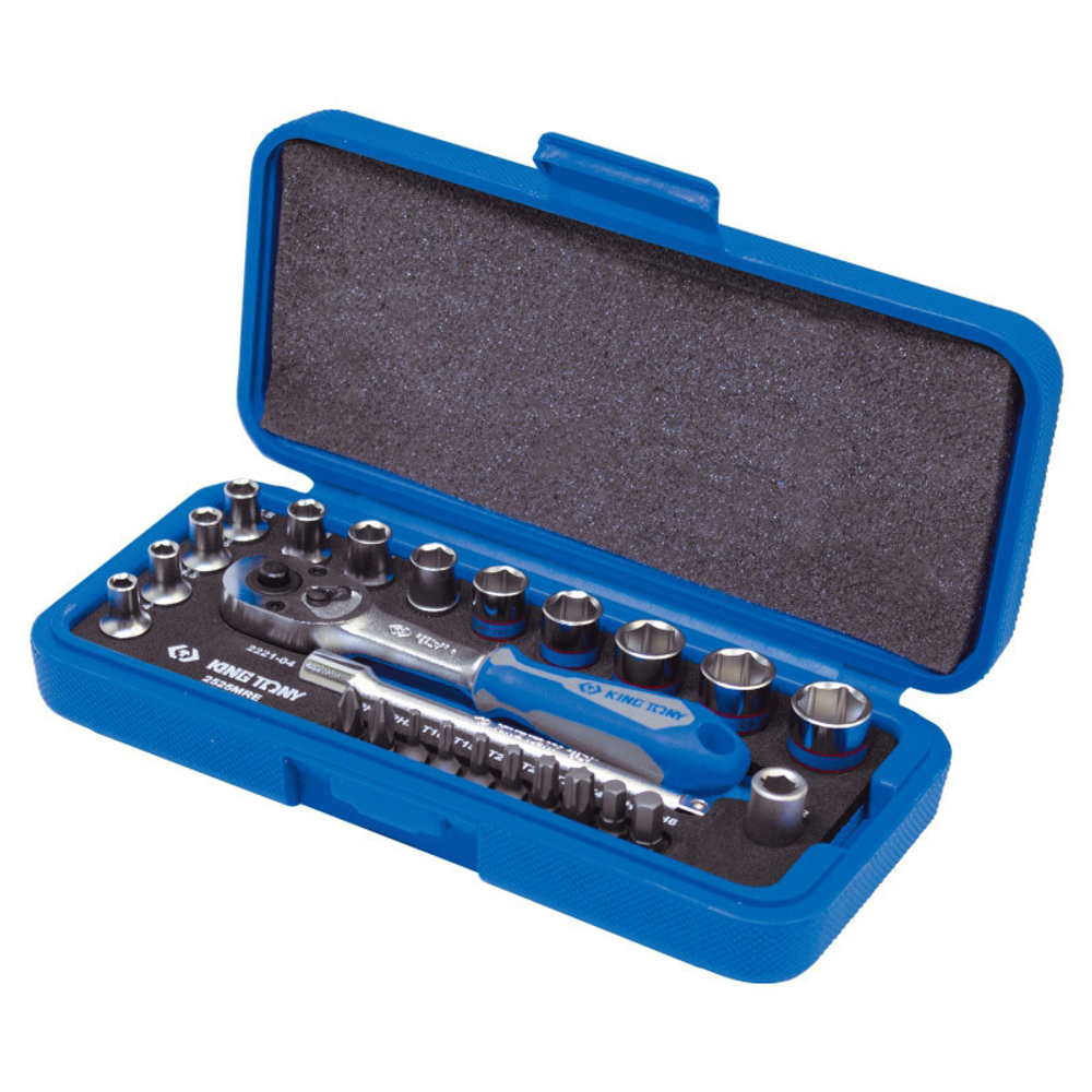 KING TONY (2525MRE) Набор торцевых головок с принадлежностями 1/4", 6-гранные, 4-13 мм, 25 предметов