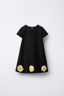 ZARA ПЛАТЬЕ С ЦВЕТАМИ 3D И КОНТРАСТНОЙ ОТДЕЛКОЙ, ЧЕРНЫЙ