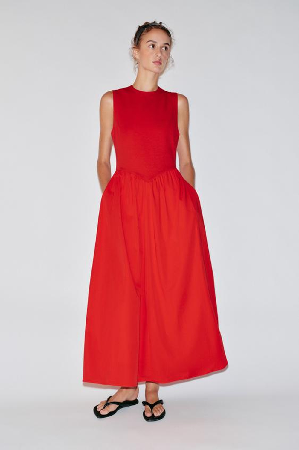 ZARA КОМБИНИРОВАННОЕ ПЛАТЬЕ МИДИ, КРАСНЫЙ