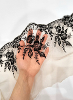 Вышивка на сетке неэластичная черные цветы на бежевом К027 правая