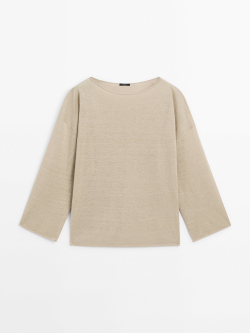 Massimo Dutti Свитер из смесового льна с вырезом «лодочка», зеленоватый