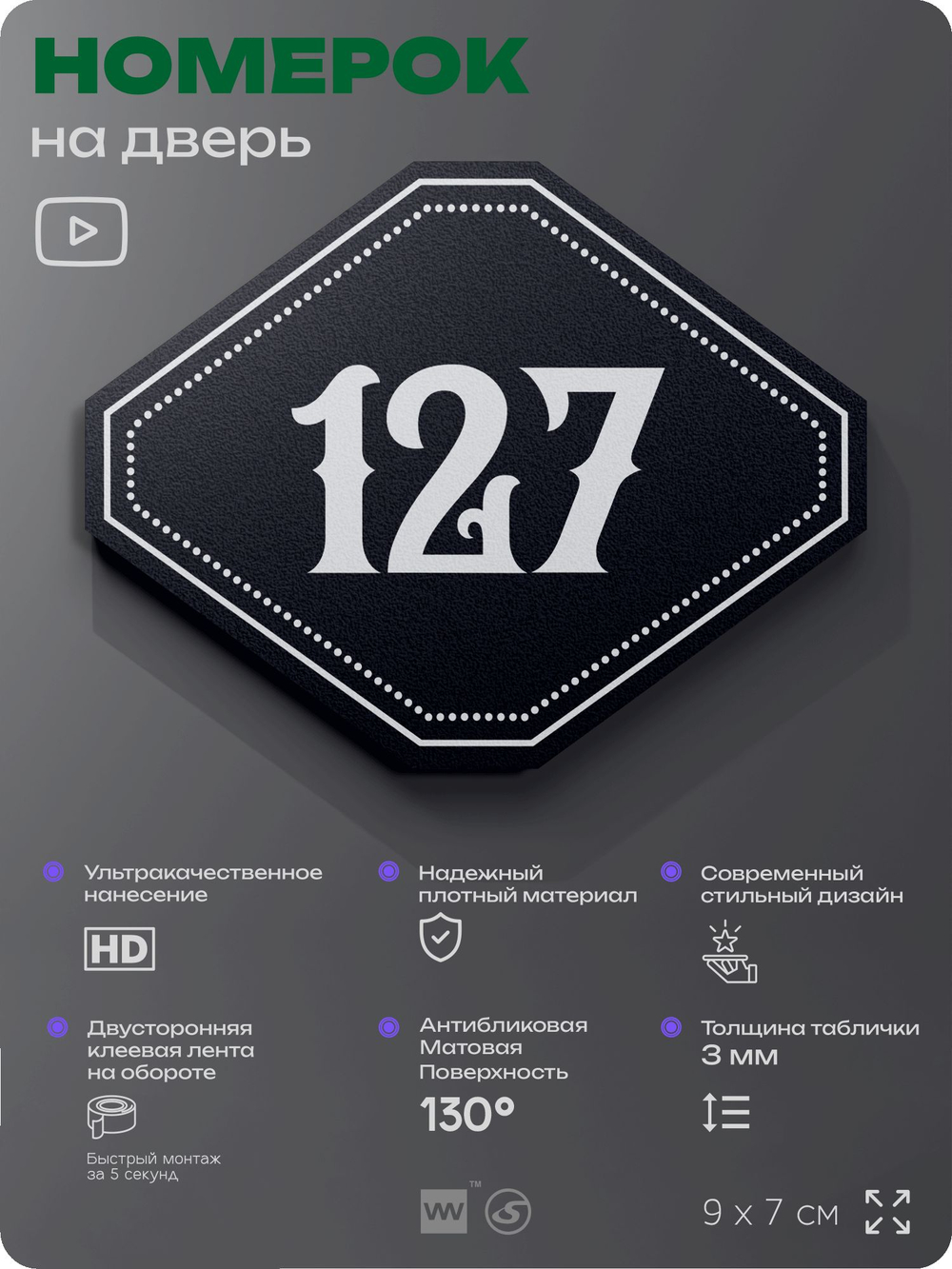 Номерок на дверь квартиры 127, для кабинета, офиса, шильдик 9 х 7 см, черный, Айдентика Технолоджи