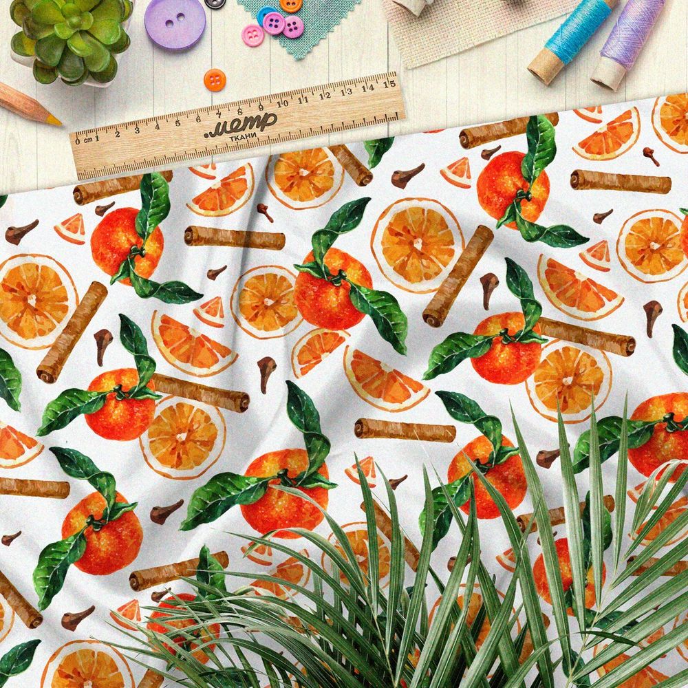 Ткань шифон сочные мандарины и корица