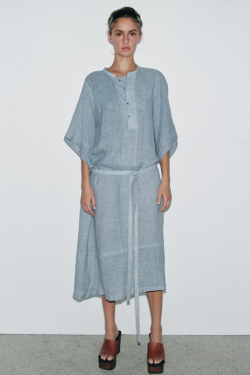 ZARA ПЛАТЬЕ-РУБАШКА ИЗ ЛЬНЯНОЙ ТКАНИ — LIMITED EDITION, СЕРО-СИНИЙ