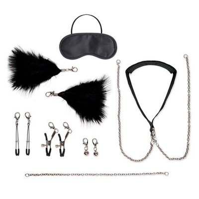 Большой эротический набор из 12 предметов Interchangeable Collar & Nipple Clips Set (Цвет: черный)