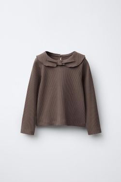 ZARA ТОП В РУБЧИК С КРУГЛЫМ ВОРОТНИКОМ, ШОКОЛАДНЫЙ