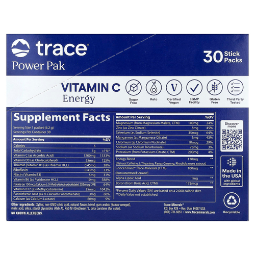 Trace, Power Pak, заряд энергии с витамином C, апельсин и манго, 30 стик-пакетов по 6,2 г (0,22 унции)