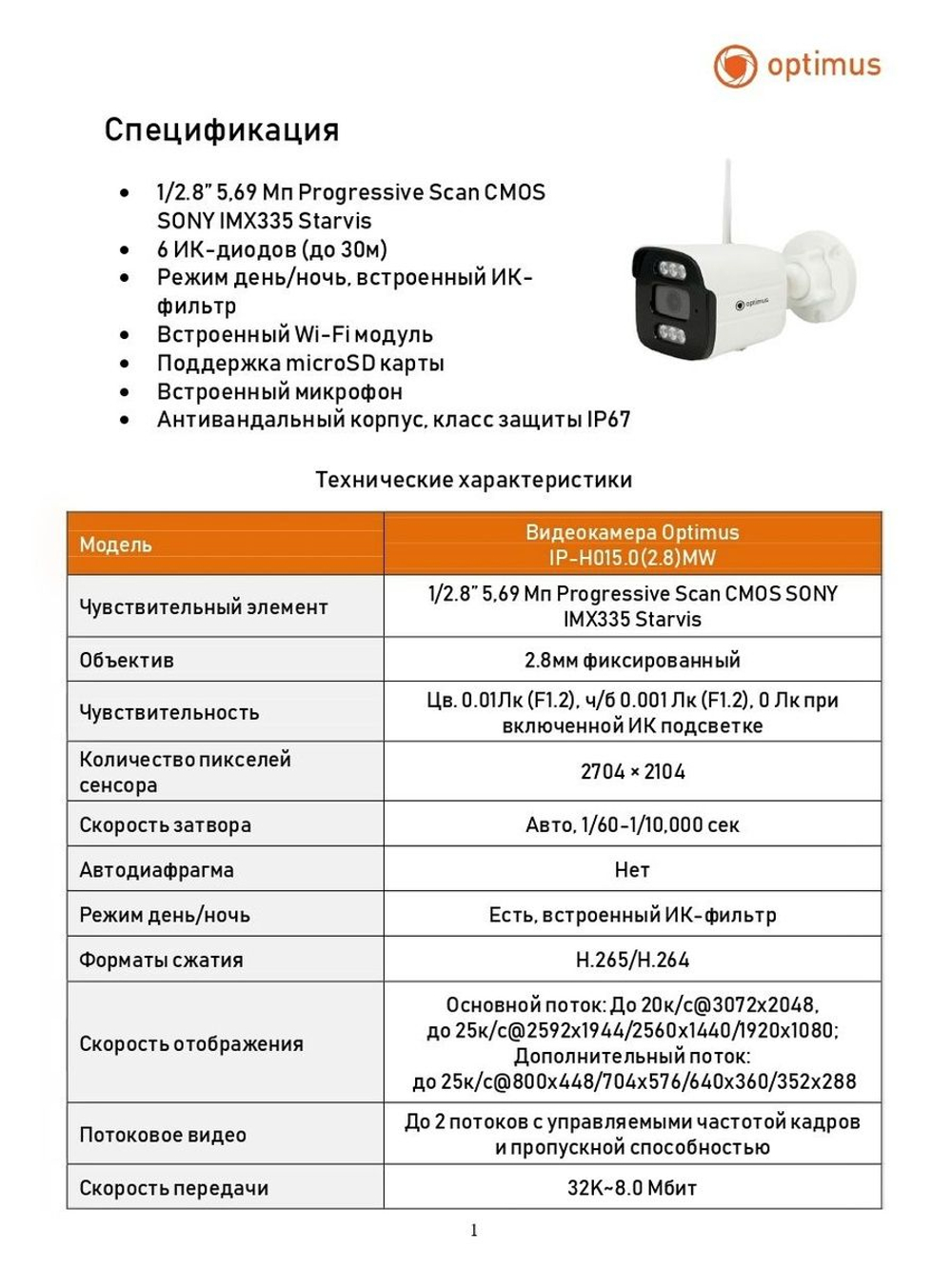 Видеокамера Optimus IP-H015.0(2.8)MW