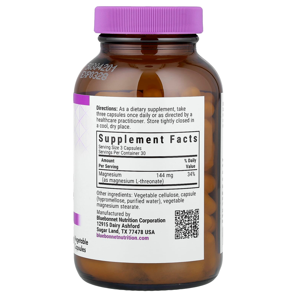 Bluebonnet Nutrition, Magtein® L-треонат магния, 90 растительных капсул (48 мг в 1 капсуле)