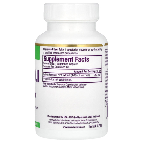 Paradise Herbs, Колеус форсколий, 60 вегетарианских капсул (250 мг на капсулу)
