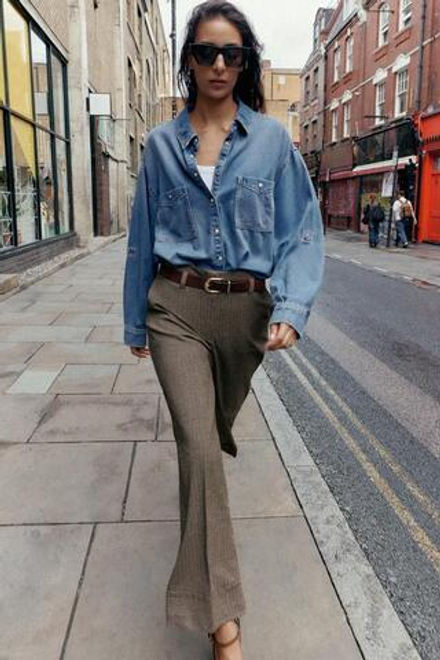 ZARA БРЮКИ В ЕЛОЧКУ С РЕМНЕМ, КОРИЧНЕВЫЙ
