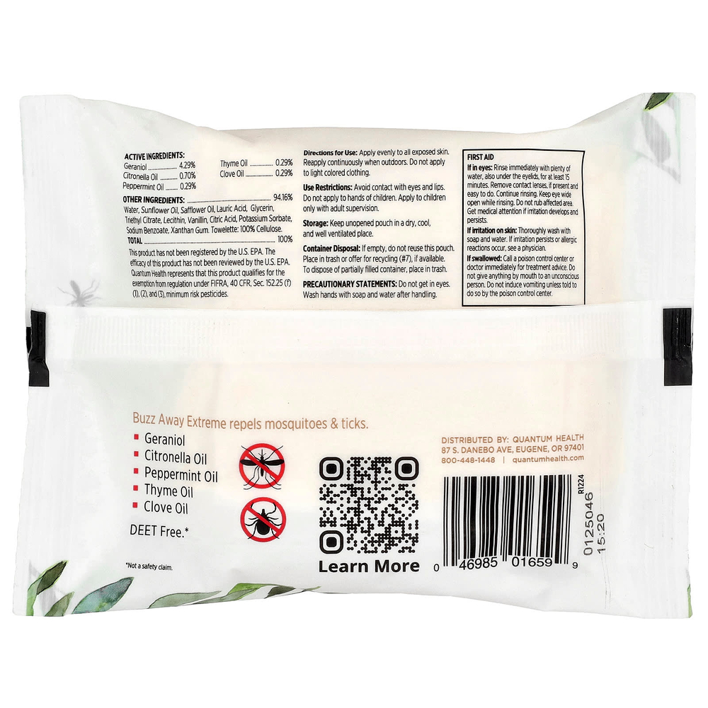 Quantum Health, Buzz Away Extreme®, средство от комаров и клещей, 20 салфеток, 73,2 г (2,58 унции)