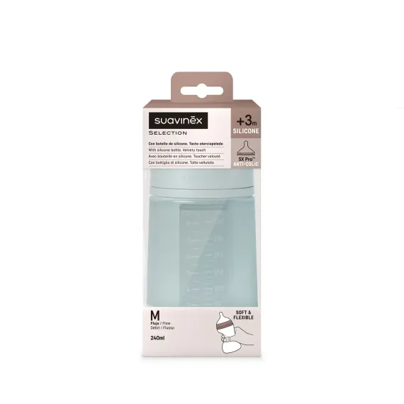 Силиконовая бутылочка Suavinex Colour Essence для детского питания, с соской из силикона 240 мл Голубая