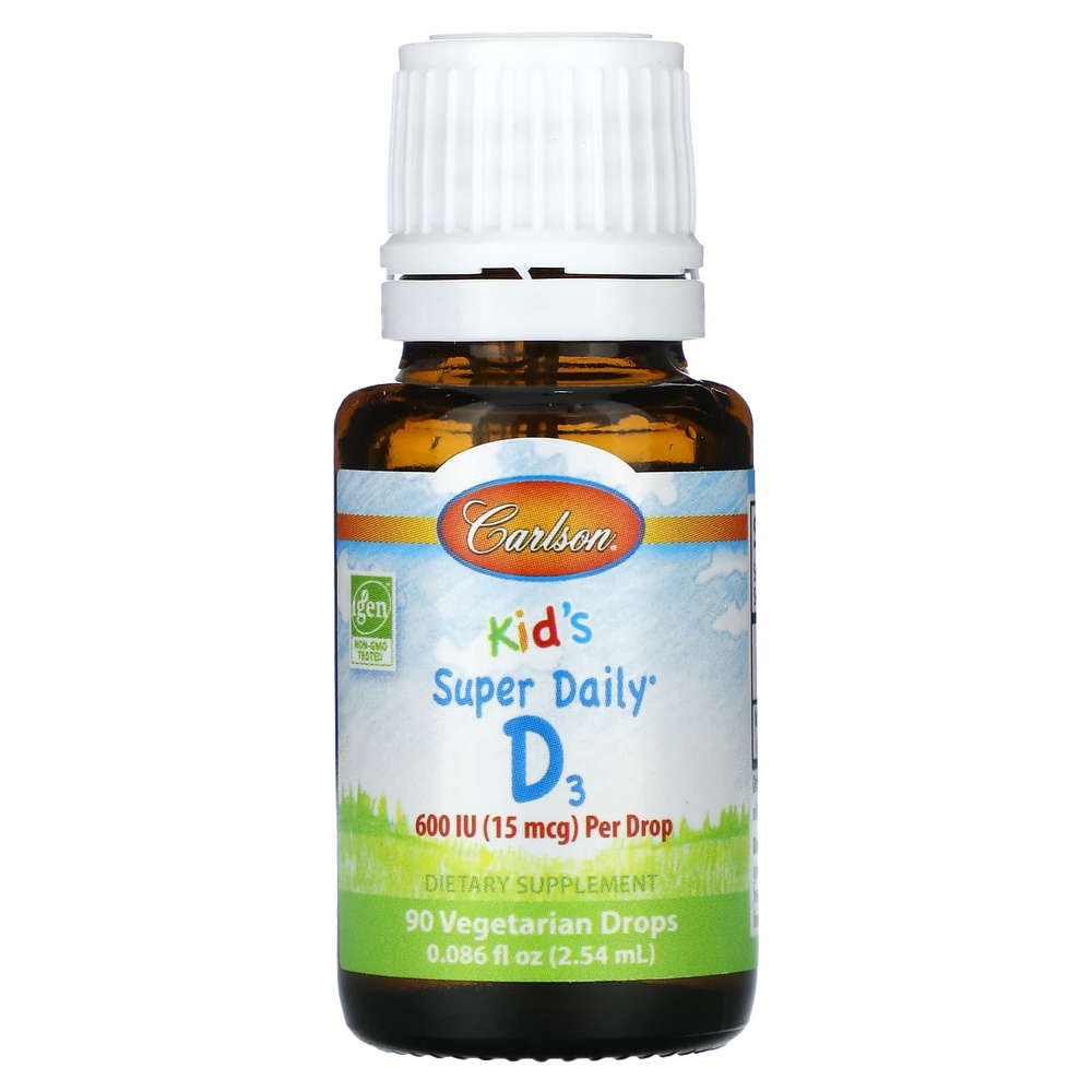 Carlson, Kid's Super Daily D3, 15 мкг (600 МЕ), 90 вегетарианских капель, 2,54 мл (0,086 жидк. унц.)