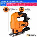 Лобзик Вихрь ЛЭ-80, 750 Вт, глубина пропила до 80мм, маятниковый ход