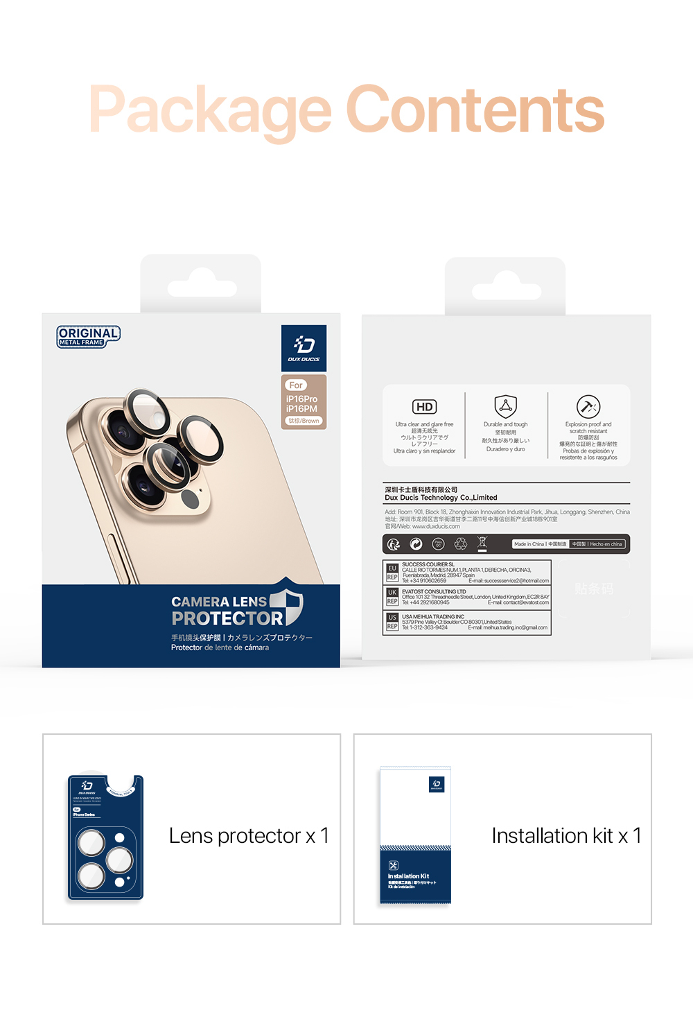 Защитное стекло на камеры с серебристыми рамками из алюминия для iPhone 16 Pro и 16 Pro Max, серия HAWK Series Camera Lens Protector