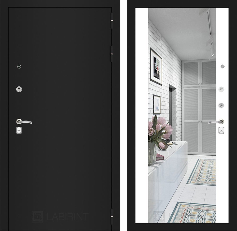 Входная металлическая дверь Лабиринт Classic (Классик) шагрень черная с Зеркалом Максимум - Белый софт