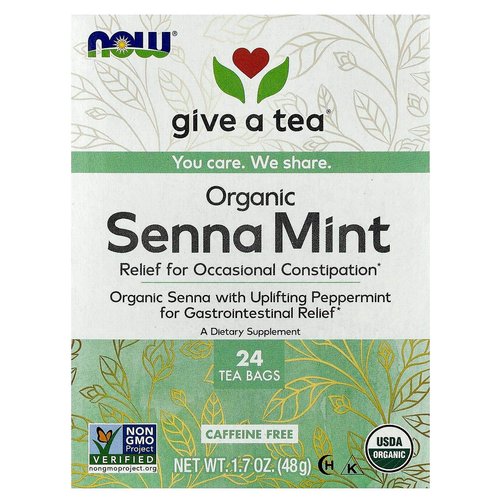 NOW Foods, give a Tea ™, органическая сенна и мята, без кофеина, 24 чайных пакетика, 48 г (1,7 унции)