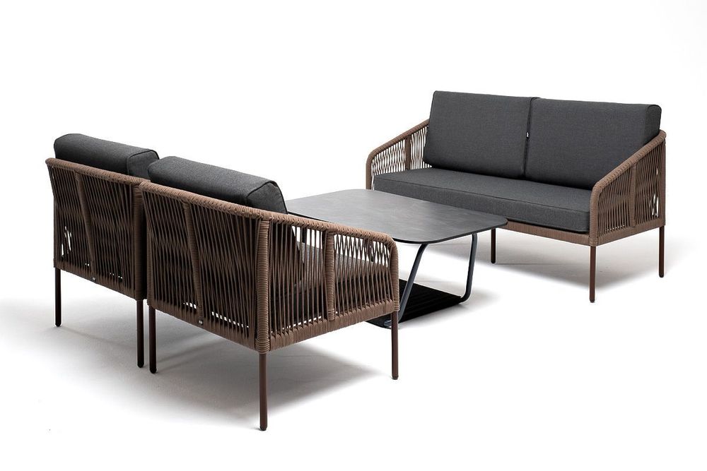 "Канны" лаунж-зона 4-местная из роупа со столом "Верона" (серый гранит), каркас алюминиевый коричневый, роуп коричневый