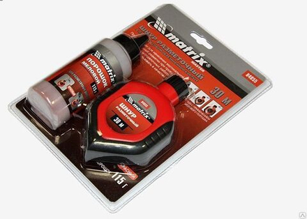 Шнур разметочный, 30м, в пластмассовом обрезиненном корпусе+порошок меловой красный (25шт)