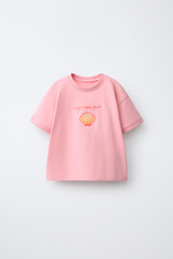 ZARA ФУТБОЛКА С ВЫШИВКОЙ В ВИДЕ РАКУШКИ, ЦВЕТ РОЗОВОГО МЕЛА