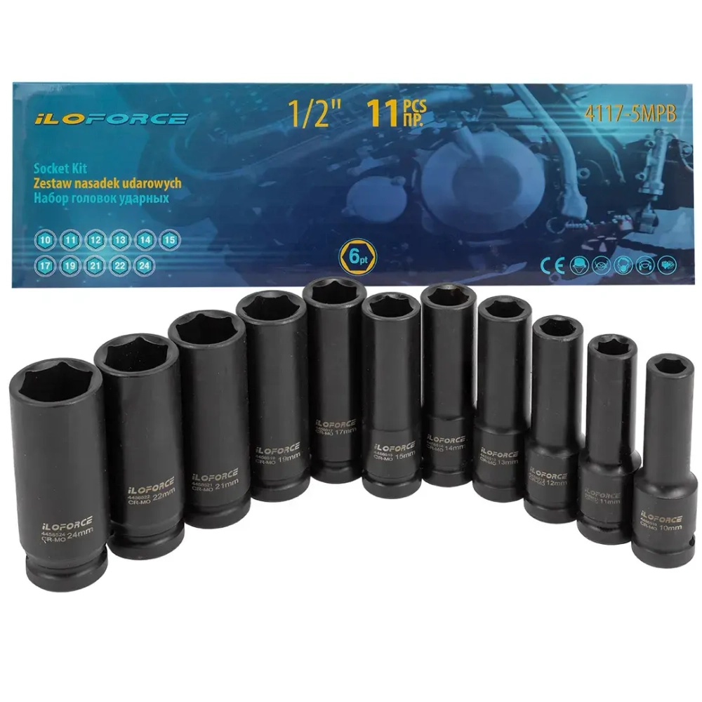 Набор головок ударных глубоких 11пр.1/2''(6-гр.)(10-15,17,19,21,22,24),в кейсе ILOforce IF-4117-5MPB