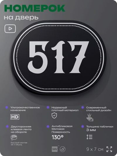 Номерок на дверь квартиры 517, для кабинета, офиса, шильдик 9 х 7 см, черный, Айдентика Технолоджи
