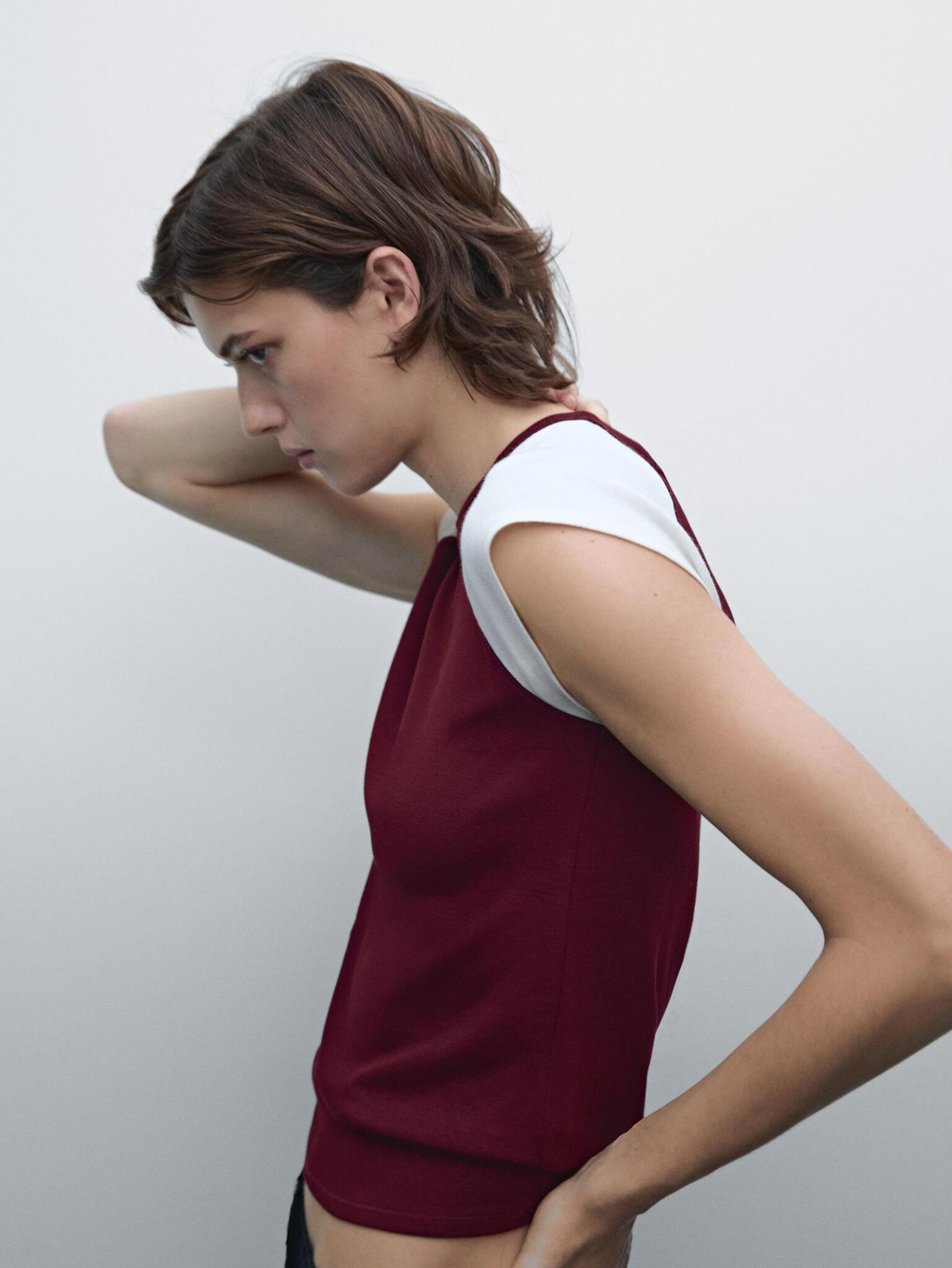 Massimo Dutti Хлопковый топ в рубчик без рукавов, гранатовый