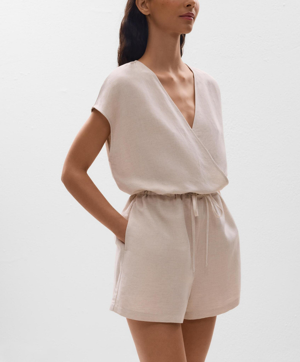 Oysho Короткий комбинезон с запахом из льна, песочный меланж