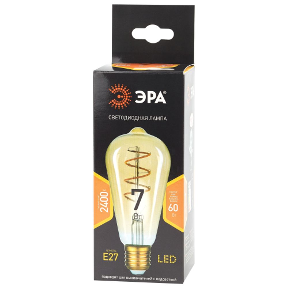 Лампа светодиодная ЭРА F-LED ST64-7W-824-E27 spiral gold E27 / Е27 7Вт филамент золотистый теплый белый свет | Филаментные декоративные
