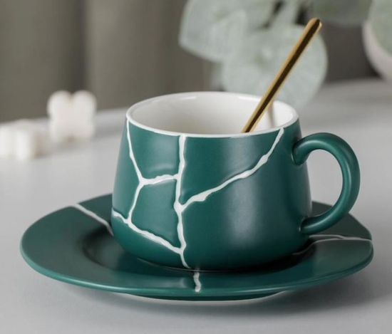 Чайная пара «Кракле с золотом», чашка 230 мл, блюдце, ложка, цвет зеленый