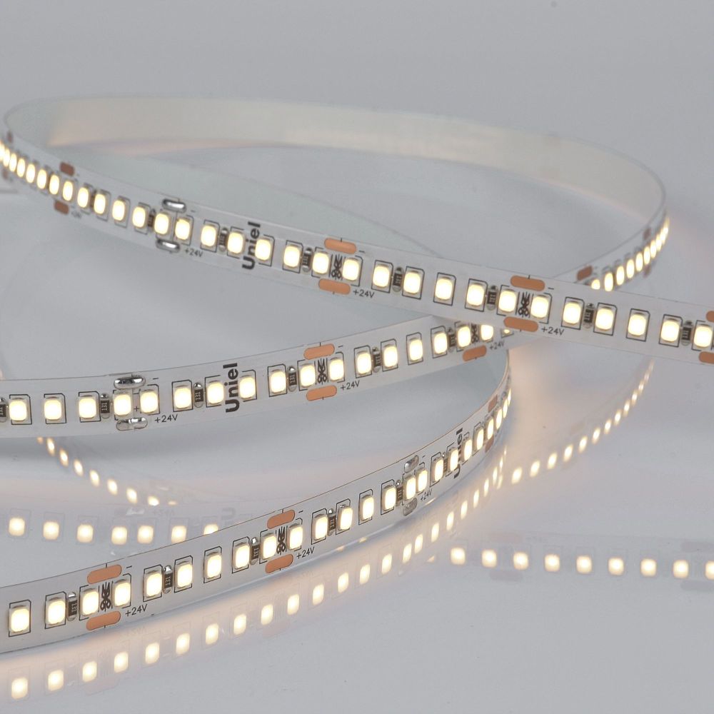 ULS-2835-180LED-m-10mm-IP20-DC24V-17W-m-5M-3000K Гибкая светодиодная лента на самоклеящейся основе. Катушка 5м. в герметичной упаковке. Теплый белый свет3000К. ТМ Uniel