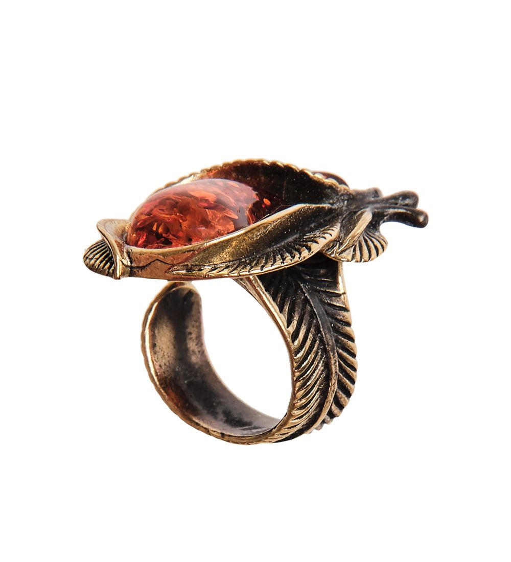 AM-2663 Кольцо «Винтажный лист» (латунь, янтарь)