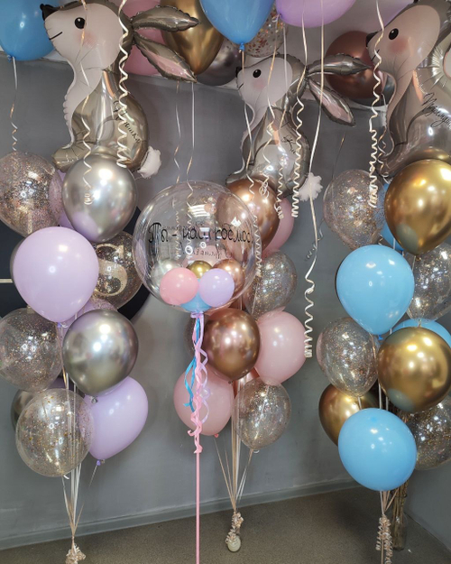 Премиум набор: 3 больших фонтана с зайками  , шары под потолок, шар с надписью и шариками внутри