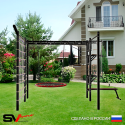 Уличная шведская стенка Sv Sport рукоход с комплектом турник прямой 2шт У5287.1 (Турник/Брусья/Стойка/Скамья/Гнездо 100см/Кронш бокс/Канат/кольца/лестница/Сетка)