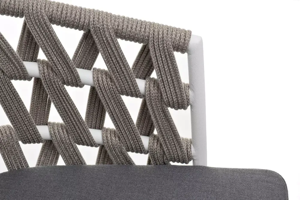 "Диего" стул плетеный из роупа, каркас из стали белый муар, роуп серый меланж круглый, ткань серая 017