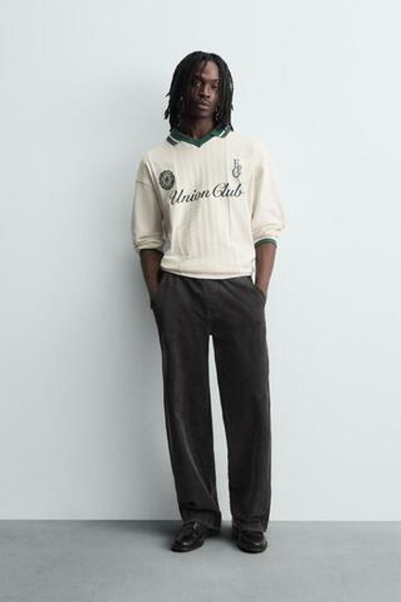 ZARA ПОЛО ЖАККАРДОВОЕ С ВЫШИВКОЙ, ЖЕЛТОВАТО-БЕЛЫЙ