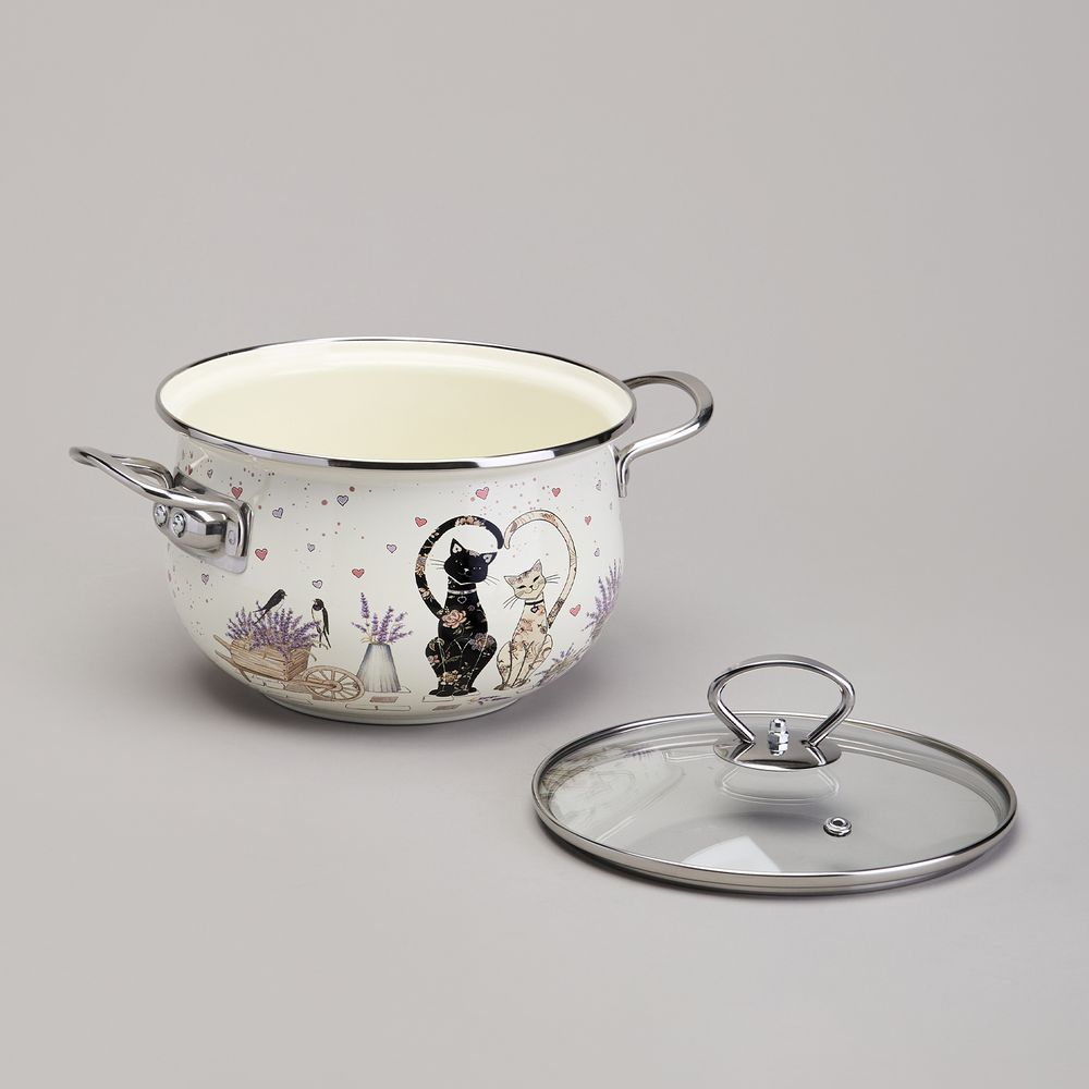 КАСТРЮЛЯ AGNESS ЭМАЛИРОВАННАЯ СО СТЕКЛЯННОЙ КРЫШКОЙ СЕРИЯ "LAVENDER CATS", 2,8 Л ДИА. 20СМ