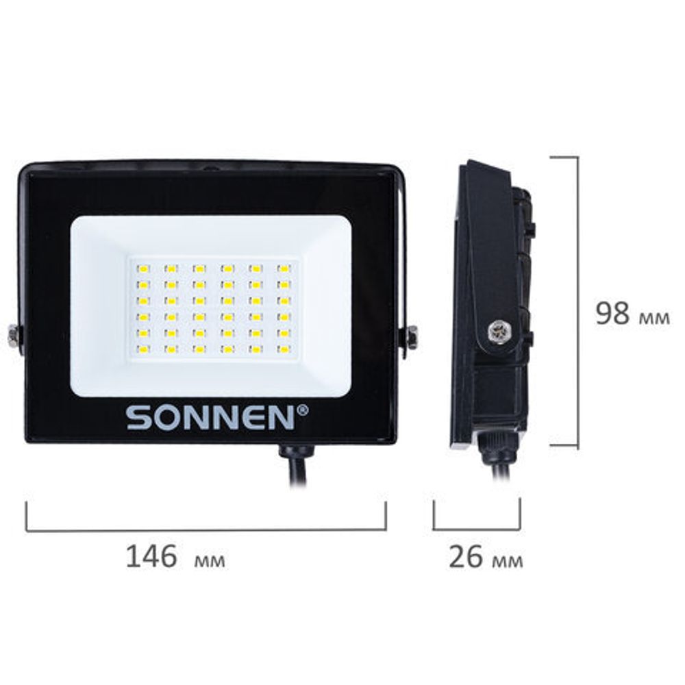 Прожектор светодиодный 30 Вт, 6500 К, 2400 Лм, 30 м2, IP65, 146x98x26 мм, черный, SONNEN, 238413