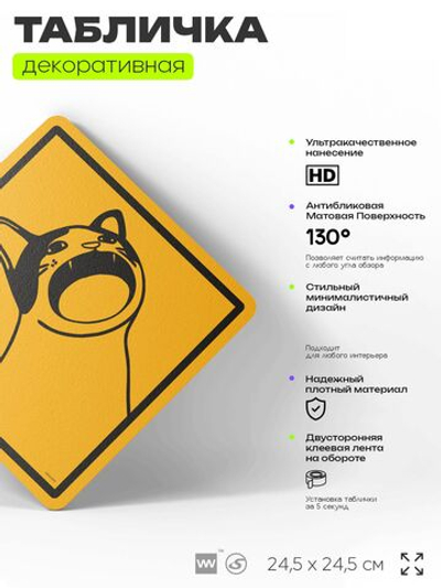 Табличка мем "Кот широко открывает рот" шуточная прикольная табличка на дверь и стену, для офиса и дома, декоративный знак, 24,5х24,5 см, пластиковая, Айдентика Технолоджи