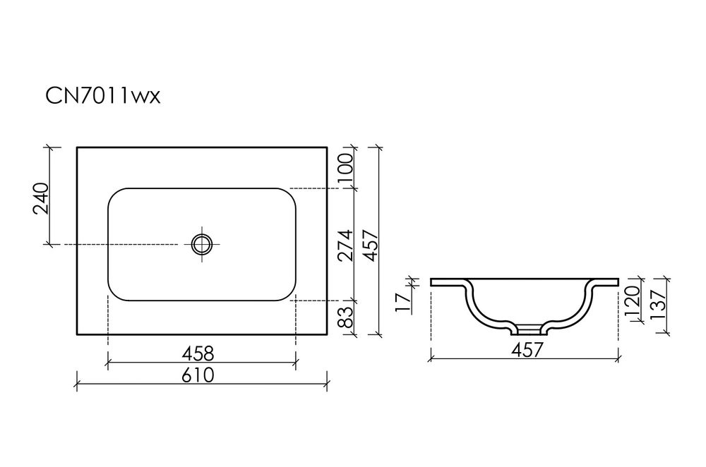 Раковина накладная мебельная Grace прямоугольная, без отверстия под смеситель, 610x457x137мм, цвет белый, арт. CN7011wx