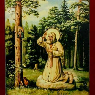 Икона святой Серафим Саровский в молении на дереве на левкасе