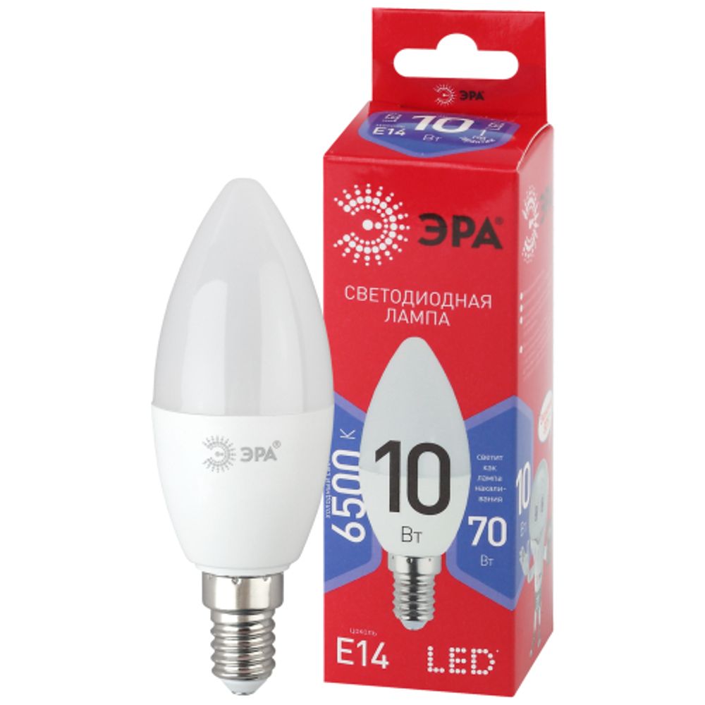 Лампа светодиодная ЭРА RED LINE LED B35-10W-865-E14 R 10Вт свеча холодный дневной свет Е14 | Лампы cветодиодные Свеча (B/C)