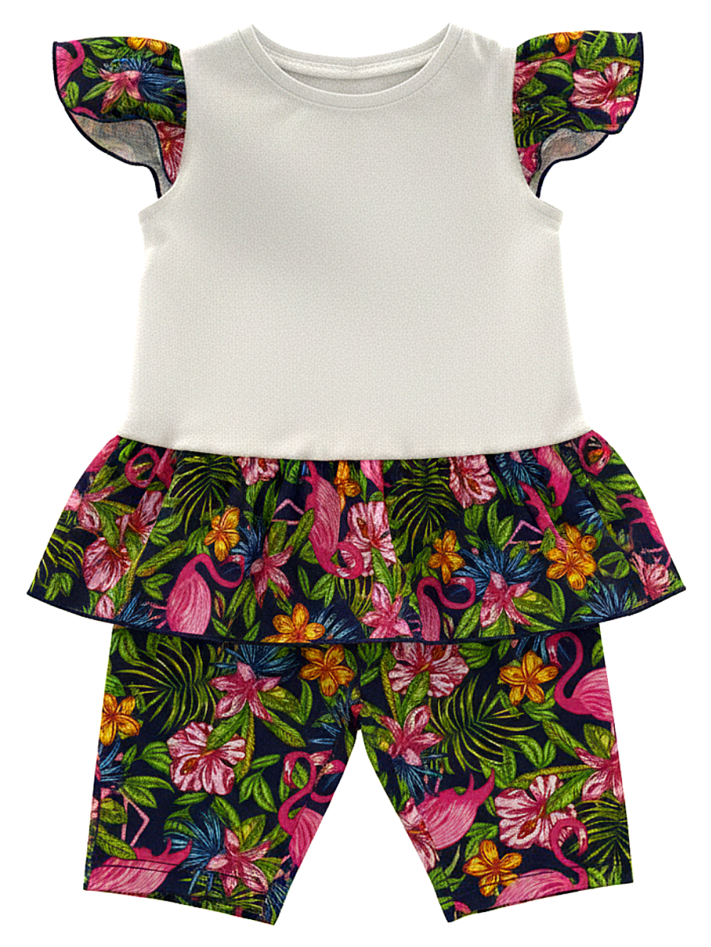 1019 Комплект для девочки (туника с велосипедками) молочный/набивка (64-122/128)