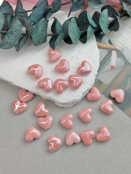 Керамические бусины сердце, теплый розовый 13*15 мм, 10 штук