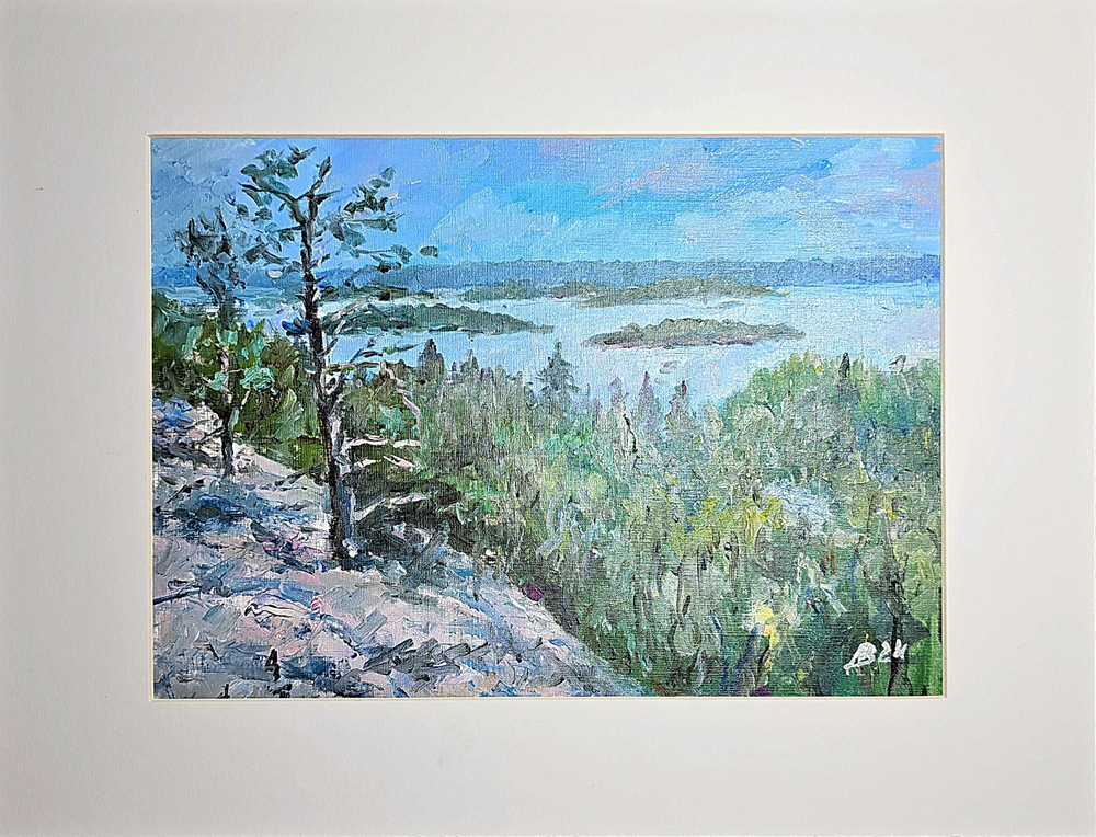 Картина авторская маслом на холсте в паспарту 30х40 см на стену для интерьера "Ладожские шхеры"