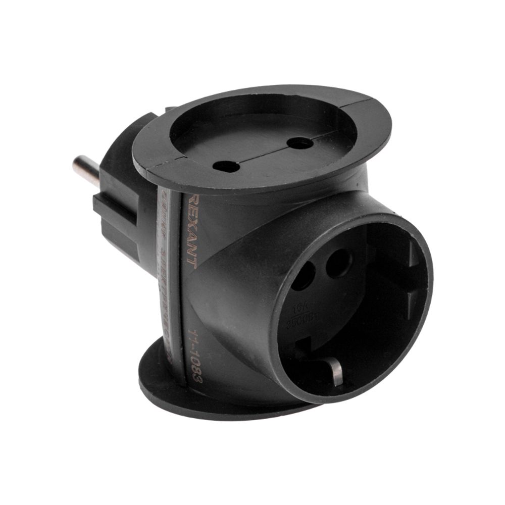 Тройник электрический универсальный 16А одно гнездо с/з черный REXANT